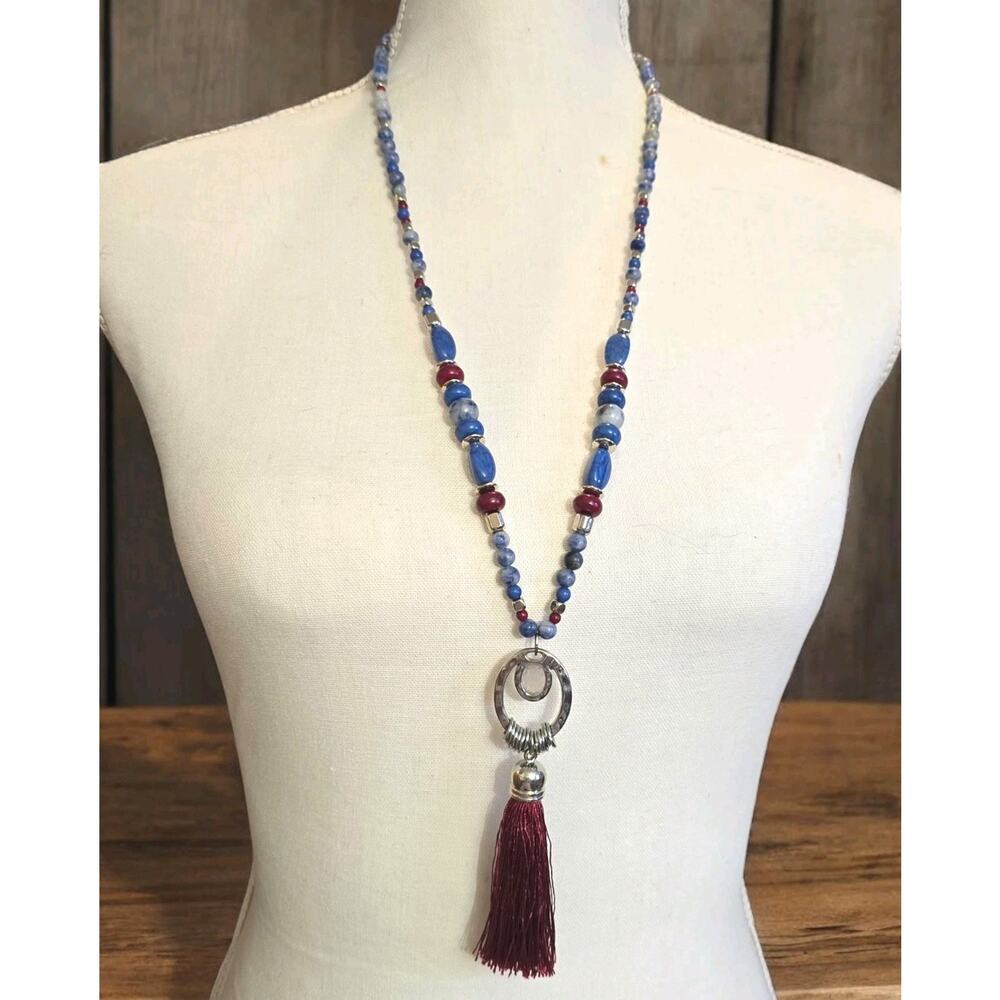 New York Necklace Blue Acrylic Stone Like Beads Red Burgundy Maroon Tassel 28"